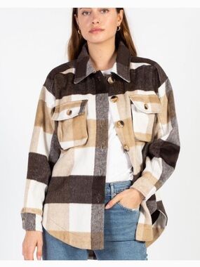 moodie Plaid Oversized Button-Down Jacket in Brown, Tan & Cream